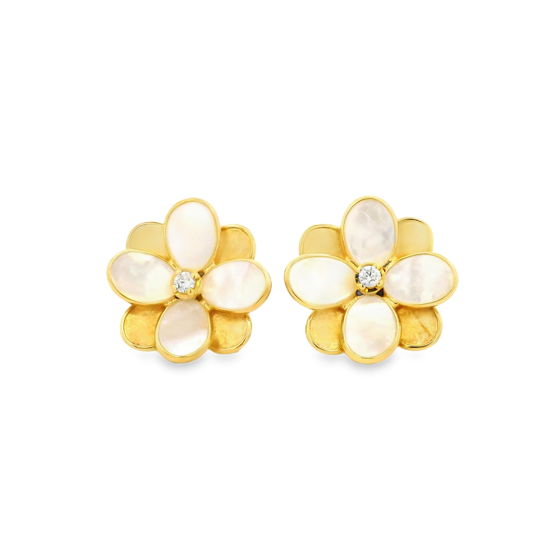 Marco Bicego 18k Yellow Gold 0.60ctw Diamond and Mother of Pearl Petali Flower Stud Earrings — left three-quarter angle