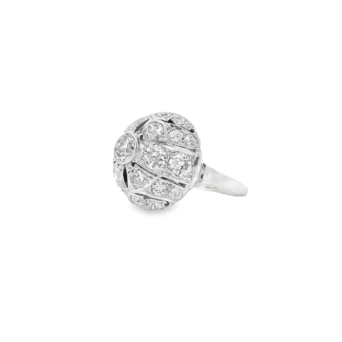 14k White Gold Approx 2ctw Round Brilliant Diamond Cluster Cocktail Ring — left three-quarter angle