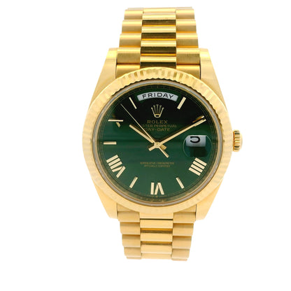 Rolex 228238 Day-Date 40 40mm Green Roman Dial 18k Yellow Gold Watch — left side three-quarter view