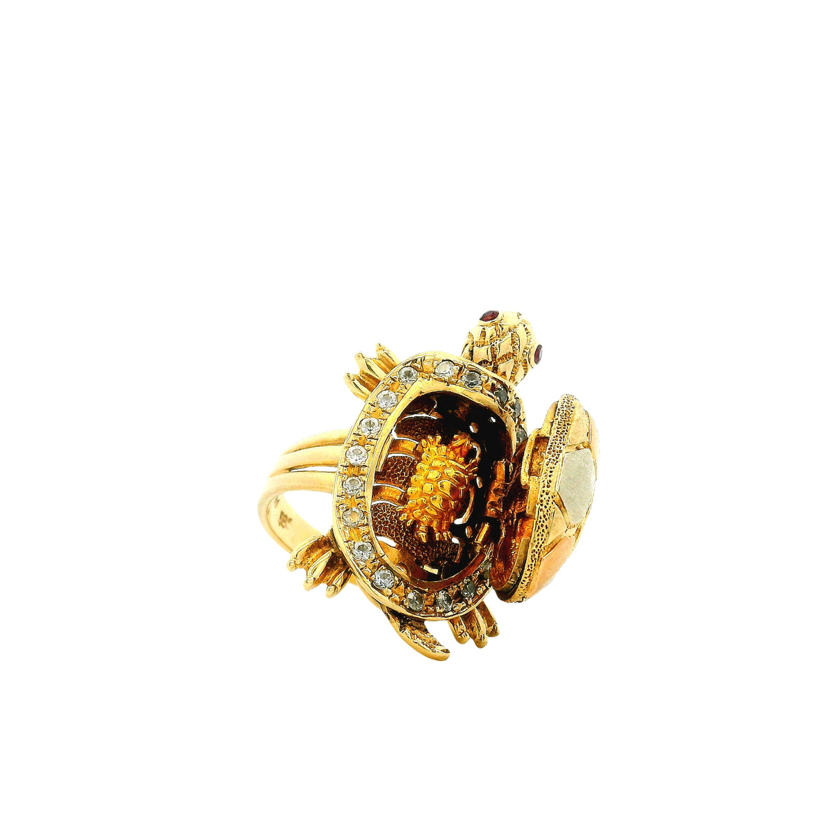 14k Yellow Gold Turtle Hinged Shell Cocktail Ring — left three-quarter angle