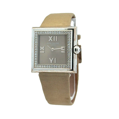 Patek Philippe 4868G 28mm Gray Dial 18k White Gold Diamond Bezel Watch — left side three-quarter view