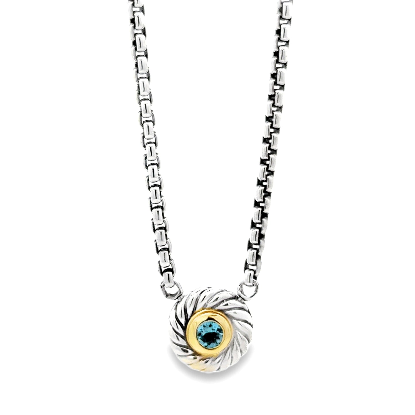 David Yurman Sterling Silver & 14k Gold Blue Topaz Classic Cable Cookie Pendant Necklace 16" — left three-quarter angle