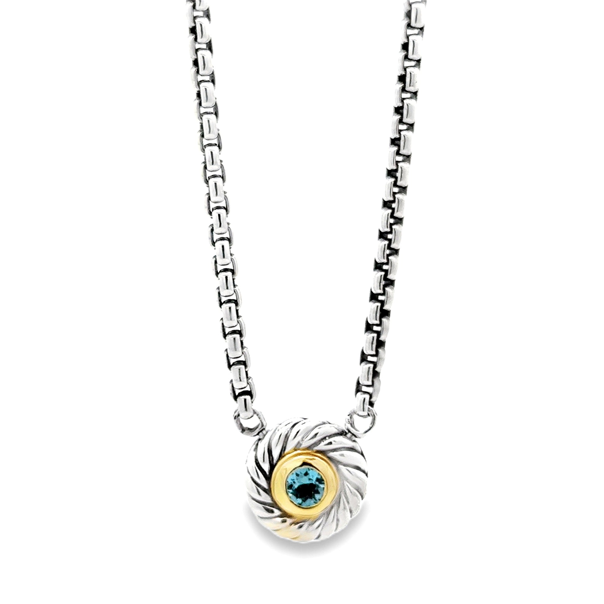 David Yurman Sterling Silver & 14k Gold Blue Topaz Classic Cable Cookie Pendant Necklace 16" — left three-quarter angle