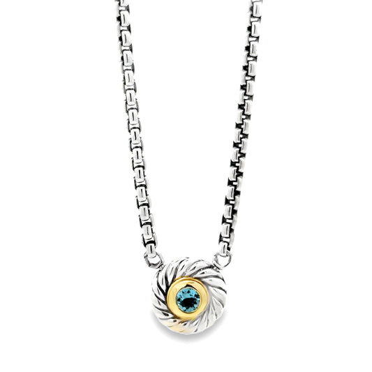 David Yurman Sterling Silver & 14k Gold Blue Topaz Classic Cable Cookie Pendant Necklace 16" — left three-quarter angle