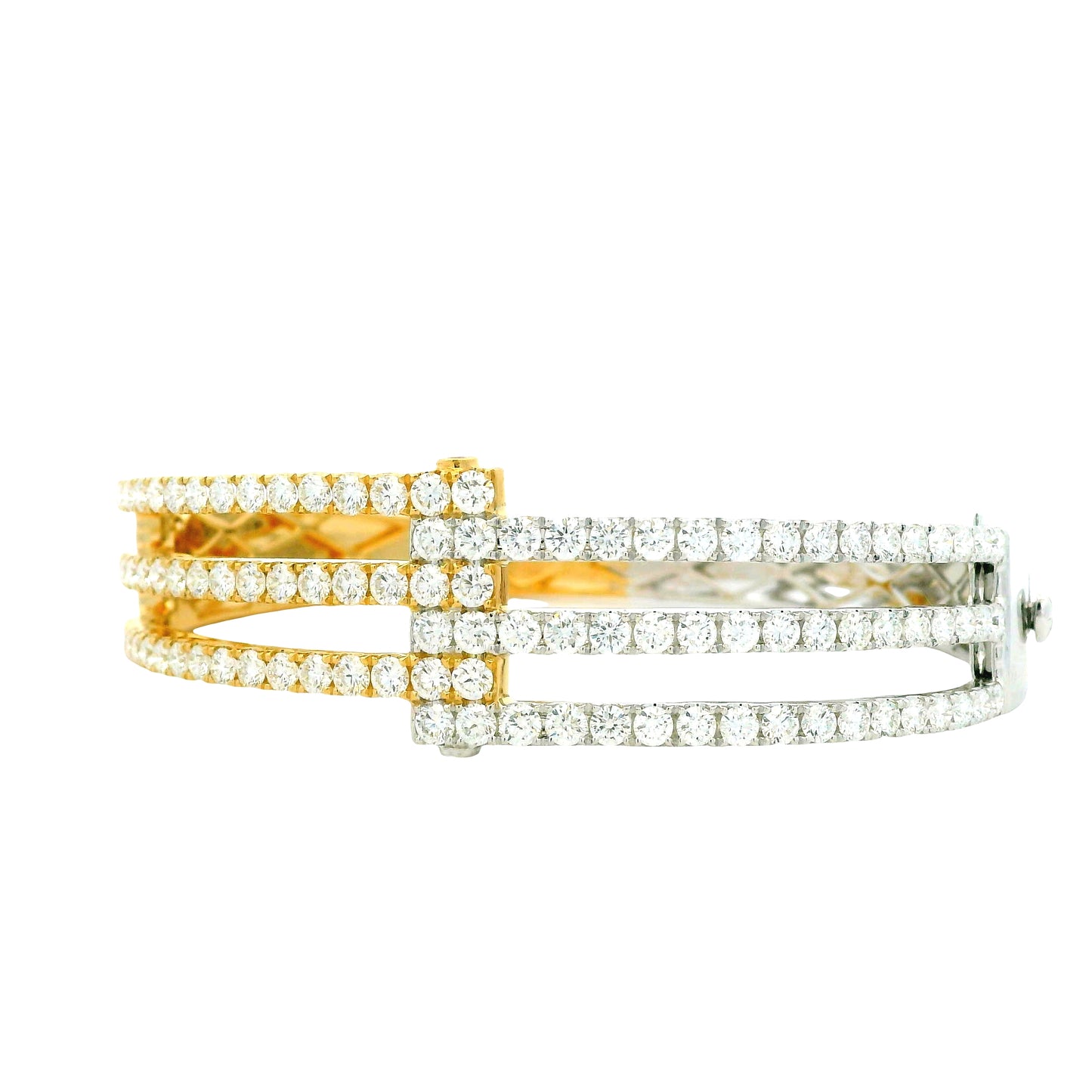 18k White and Yellow Gold 5.21ctw Round Brilliant Diamond Two-Tone Bangle Bracelet — left three-quarter angle