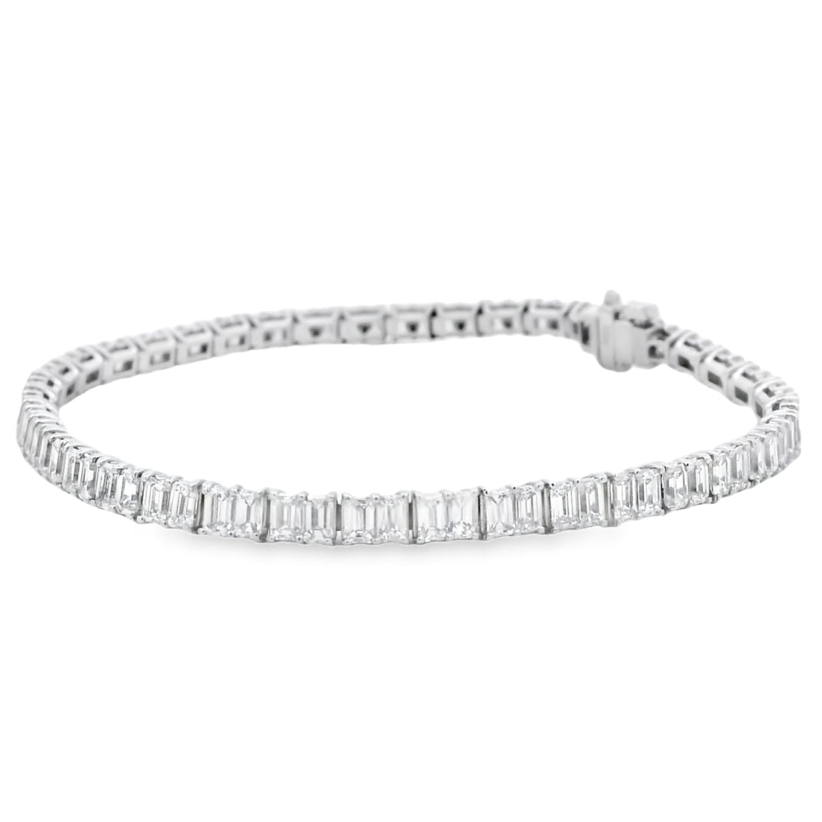 18k White Gold 6.80ctw Emerald Cut Diamond Tennis Bracelet — left three-quarter angle