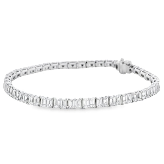 18k White Gold 6.80ctw Emerald Cut Diamond Tennis Bracelet — left three-quarter angle