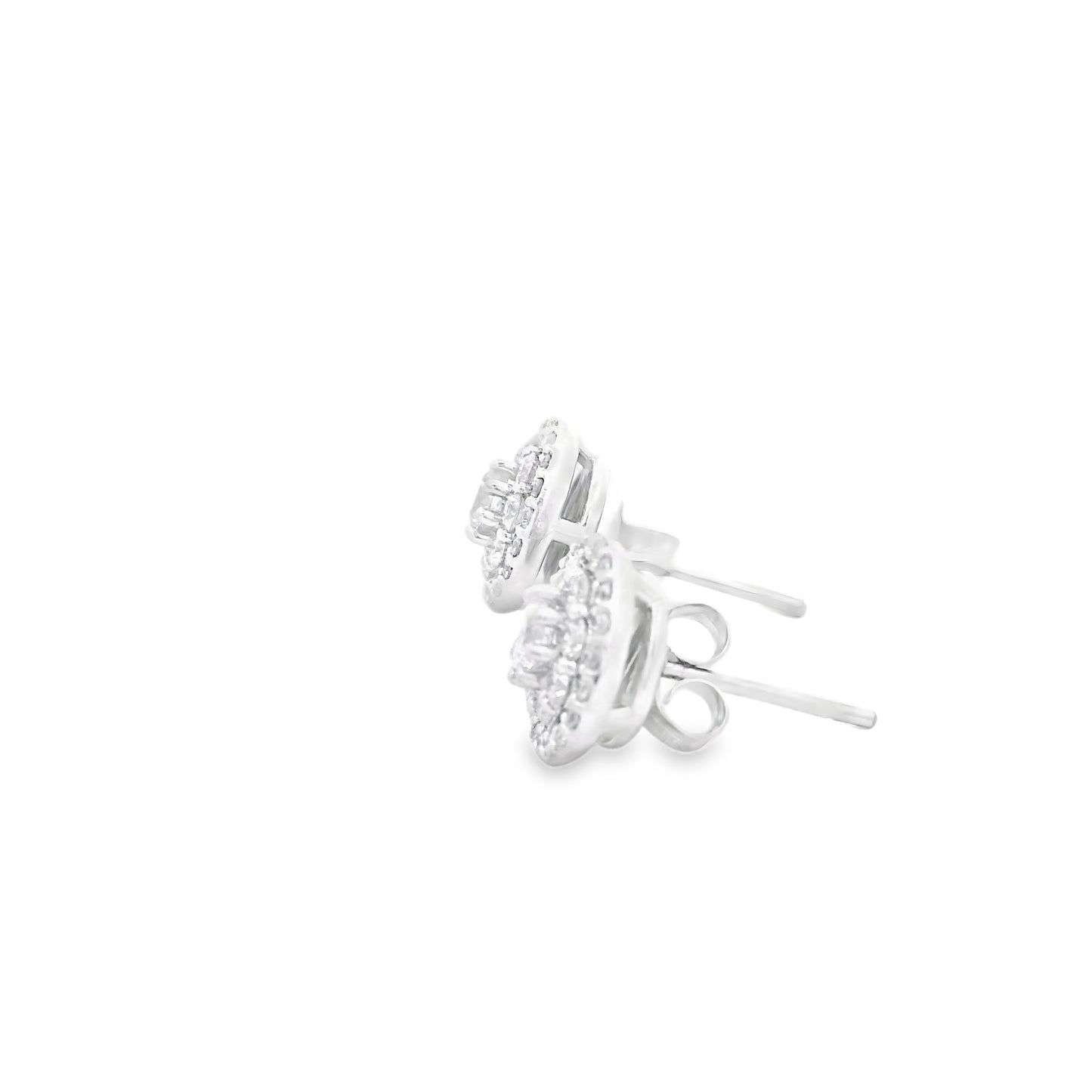 18k White Gold 1.3ctw Round Brilliant Diamond Cluster Stud Earrings — left three-quarter angle