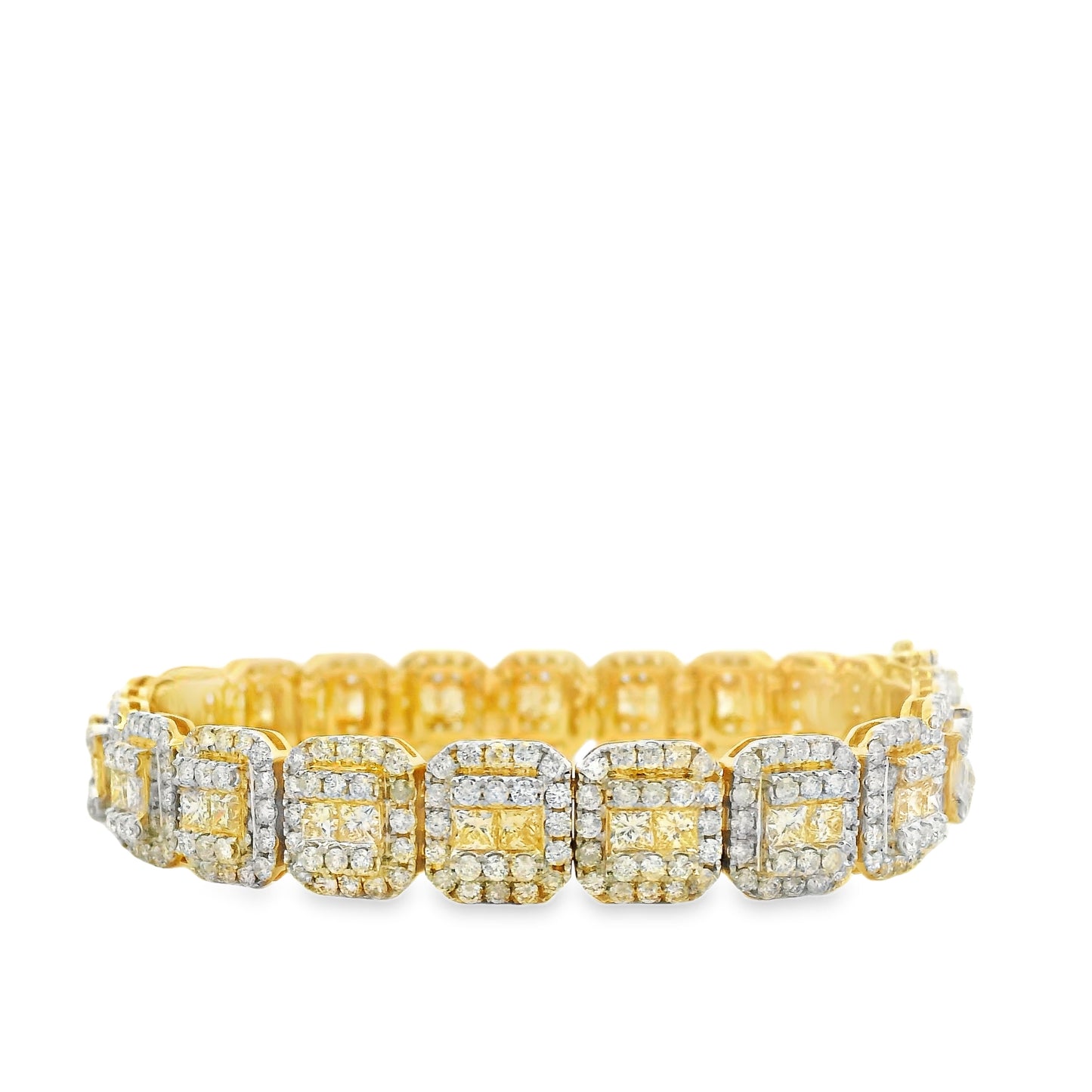 14k Yellow Gold 14.58ctw Princess Cut and Round Brilliant Diamond Cluster Tennis Bracelet — left three-quarter angle