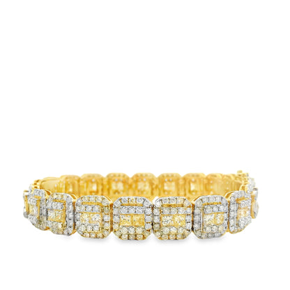 14k Yellow Gold 14.58ctw Princess Cut and Round Brilliant Diamond Cluster Tennis Bracelet — left three-quarter angle