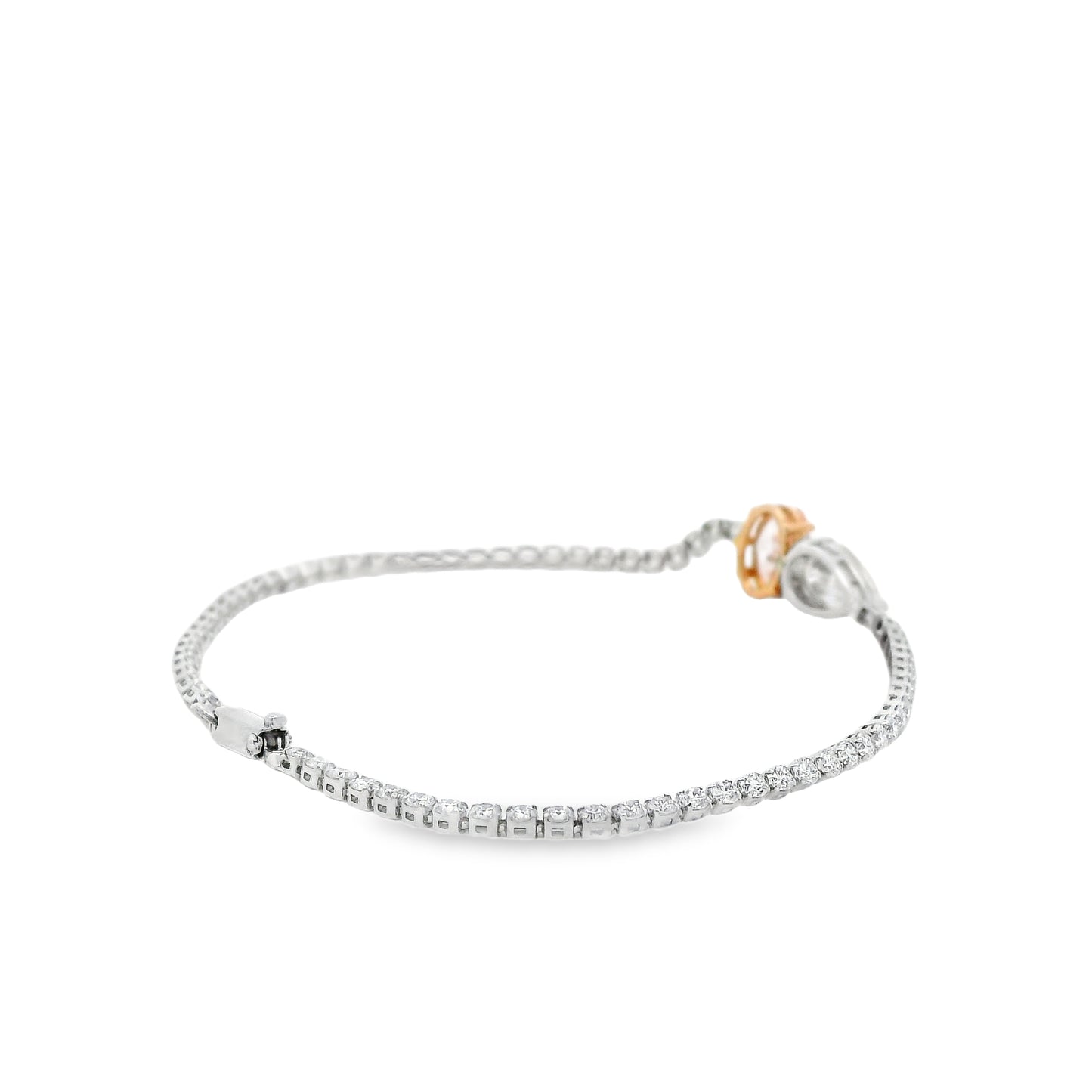 14k White and Rose Gold 4.08ctw Lab Grown Pink Oval, Pear & Round Diamond Two-Tone Tennis Bracelet — left three-quarter angle