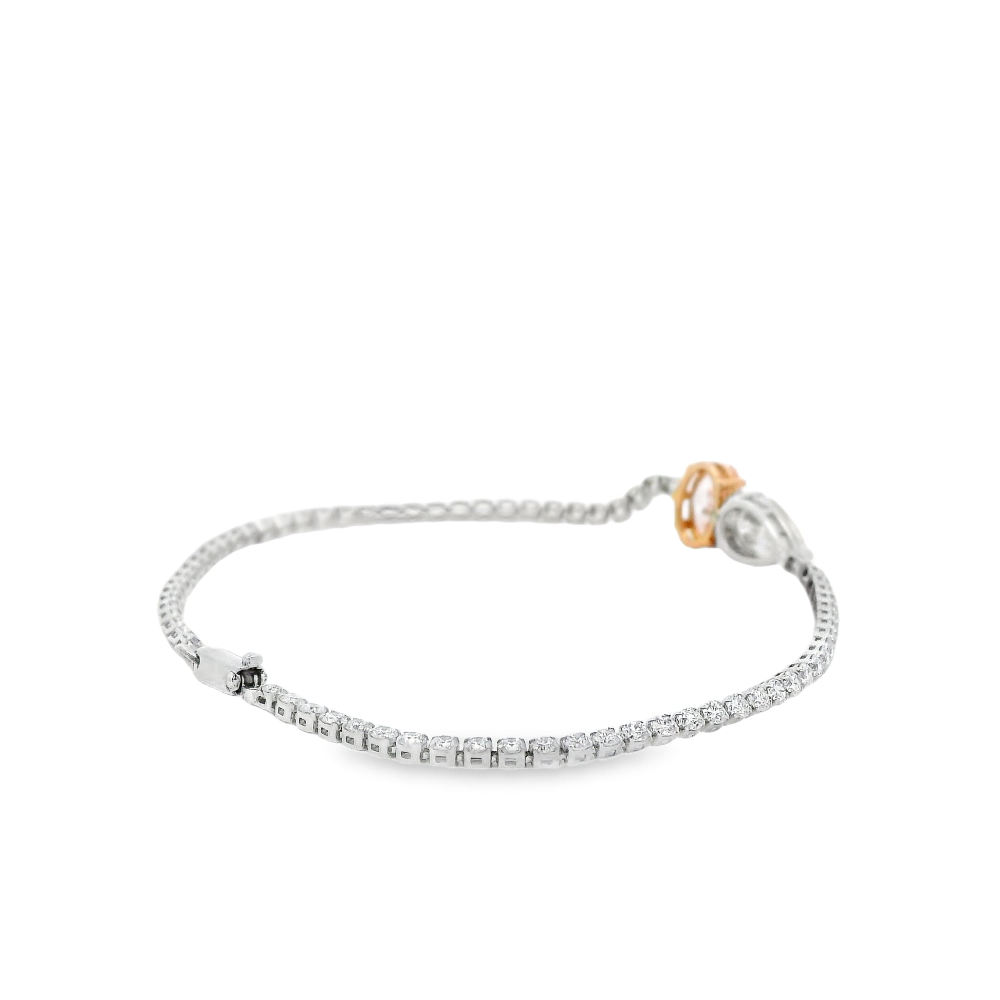 14k White and Rose Gold 4.08ctw Lab Grown Pink Oval, Pear & Round Diamond Two-Tone Tennis Bracelet — left three-quarter angle