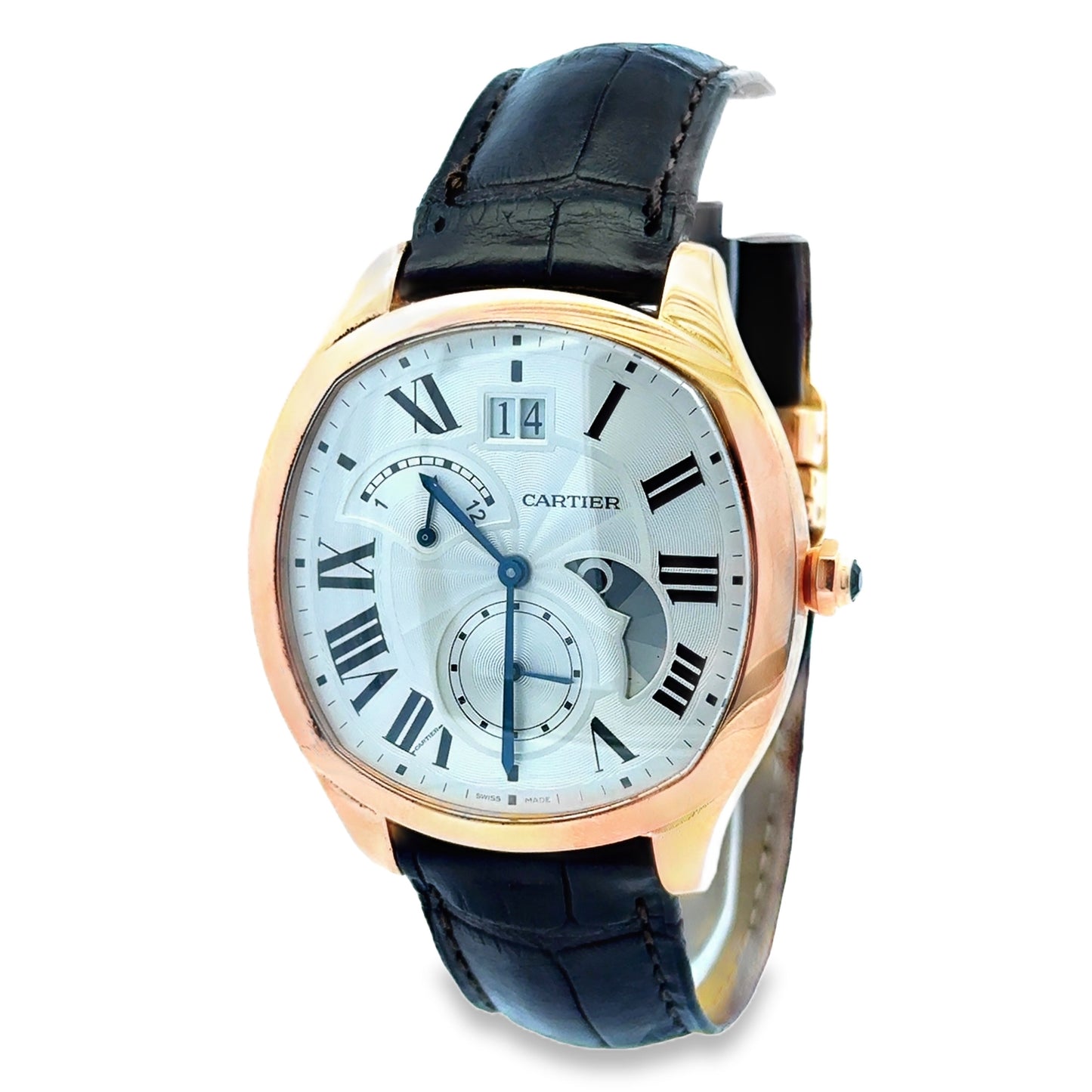 Cartier Drive de Cartier 40mm Silver Guilloché Dial 18k Rose Gold Watch — left side three-quarter view