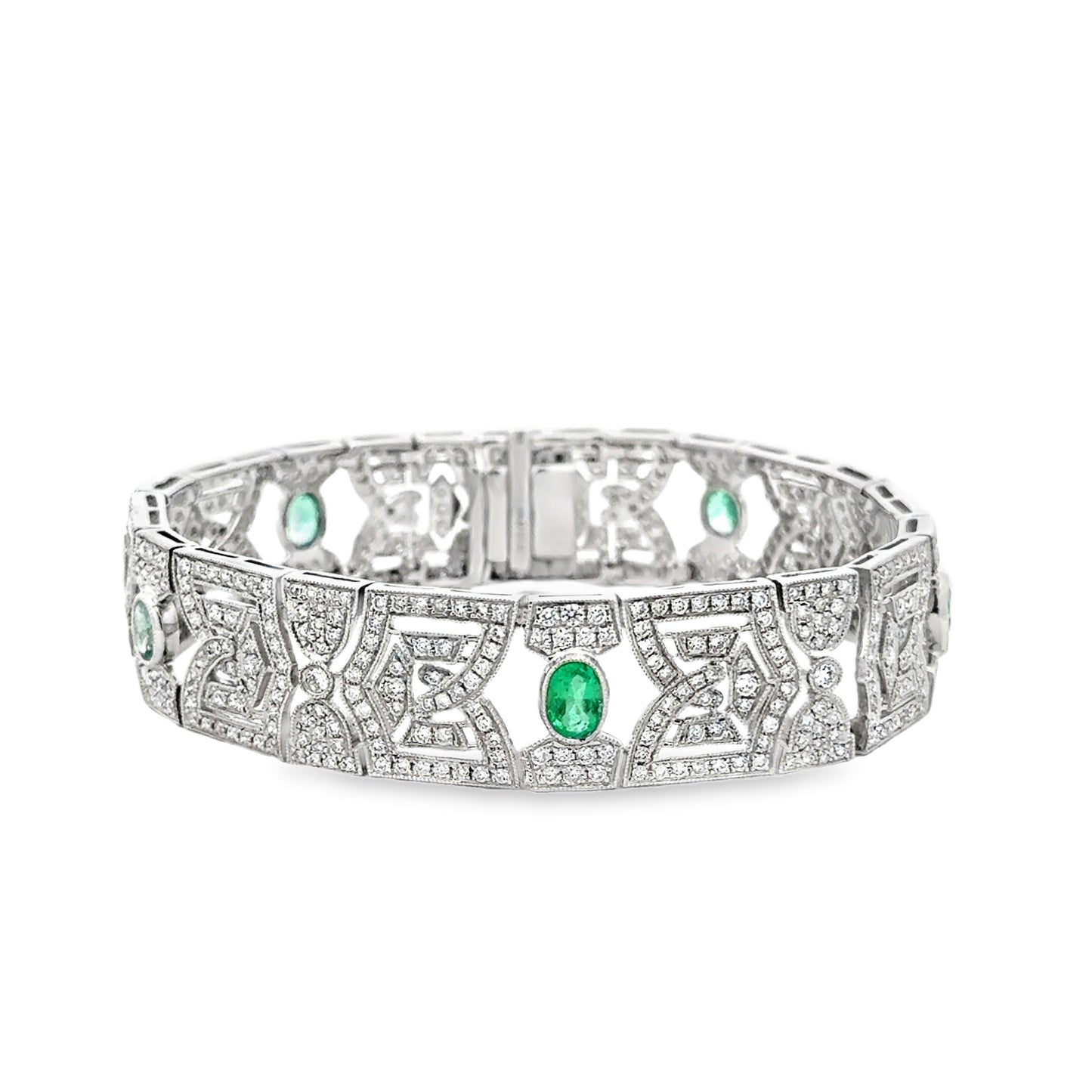 18k White Gold 4.47ctw Diamond Pavé and 0.83ct Emerald Art Deco Bracelet — left three-quarter angle