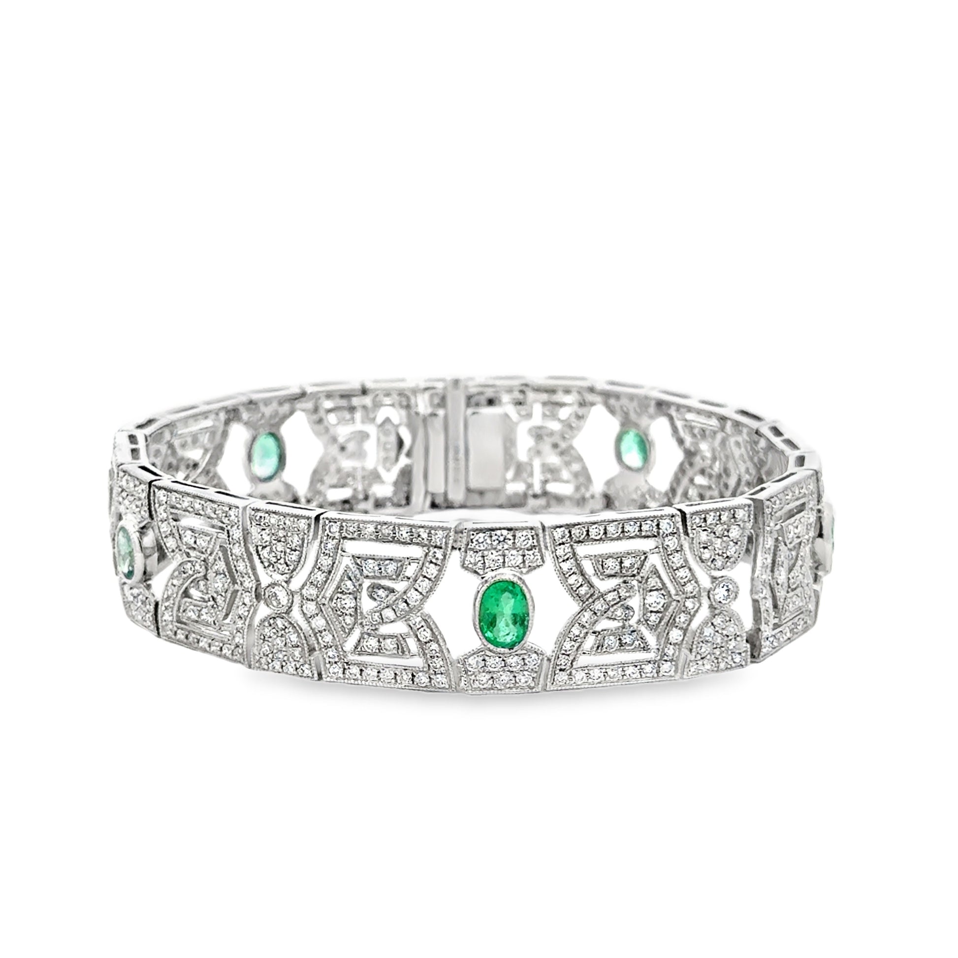 18k White Gold 4.47ctw Diamond Pavé and 0.83ct Emerald Art Deco Bracelet — left three-quarter angle