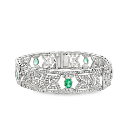 18k White Gold 4.47ctw Diamond Pavé and 0.83ct Emerald Art Deco Bracelet — left three-quarter angle