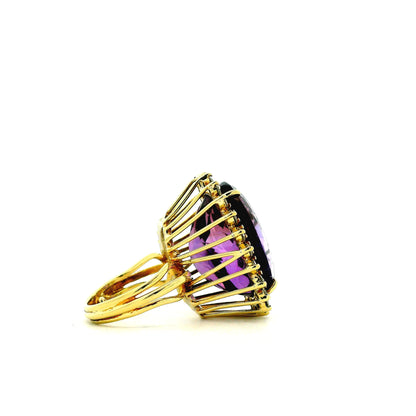 14k Yellow Gold 30ct Oval Amethyst Halo Diamond Accent Cocktail Ring — left three-quarter angle