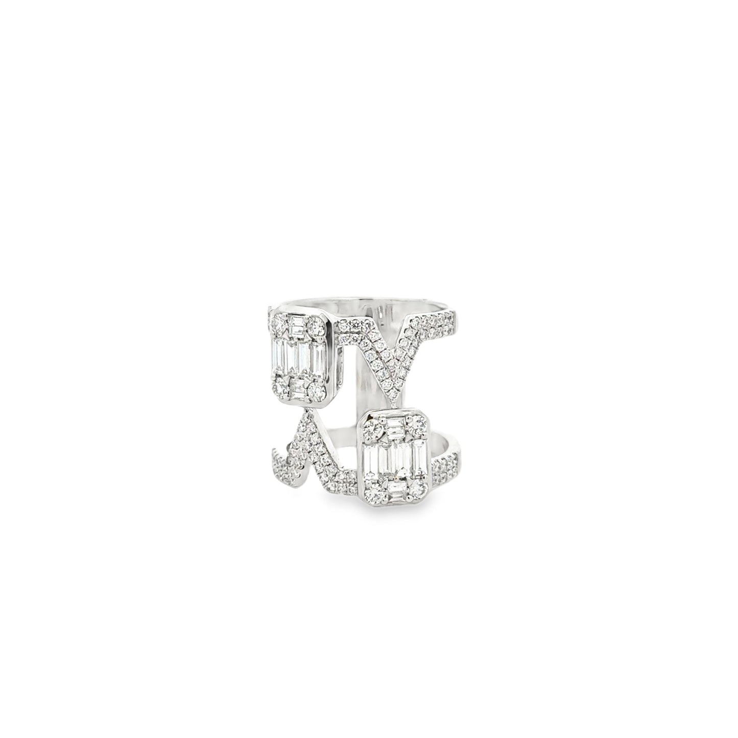 18k White Gold 1.72ctw Round Brilliant and Baguette Openwork Fashion Ring — left three-quarter angle