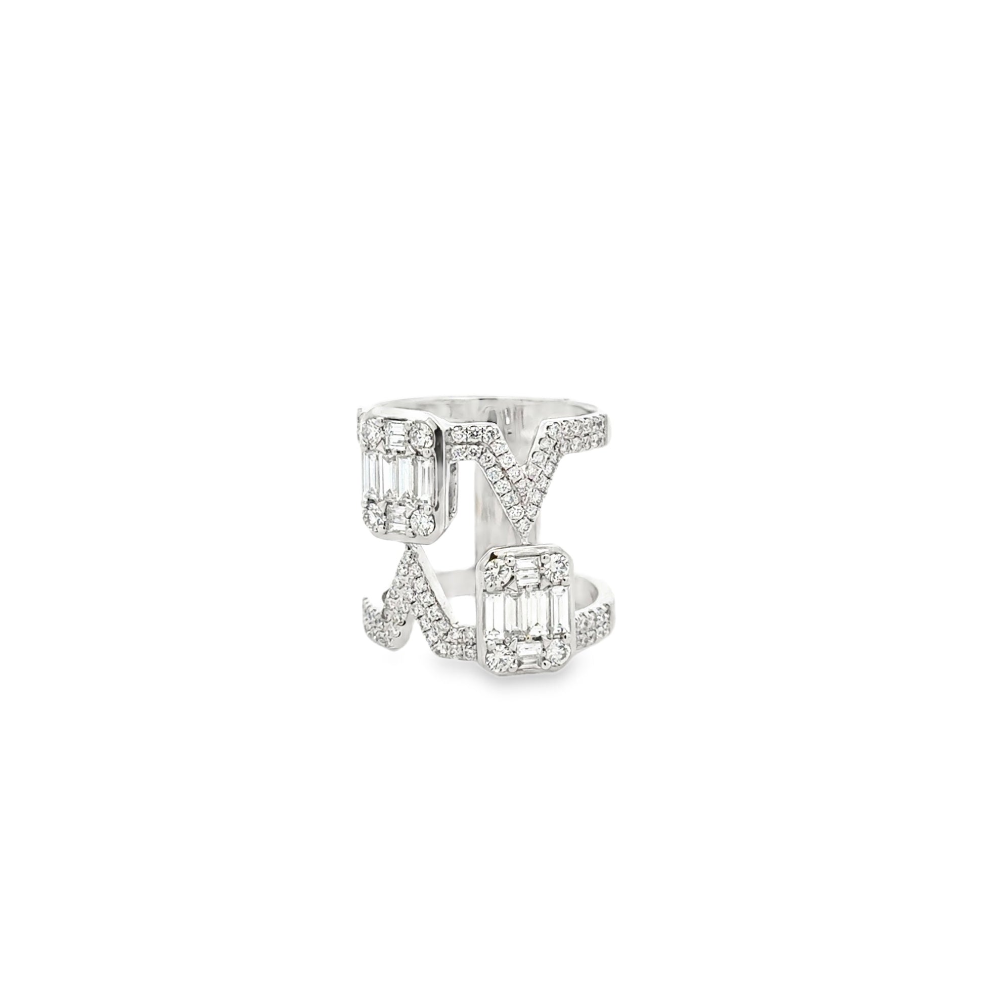 18k White Gold 1.72ctw Round Brilliant and Baguette Openwork Fashion Ring — left three-quarter angle
