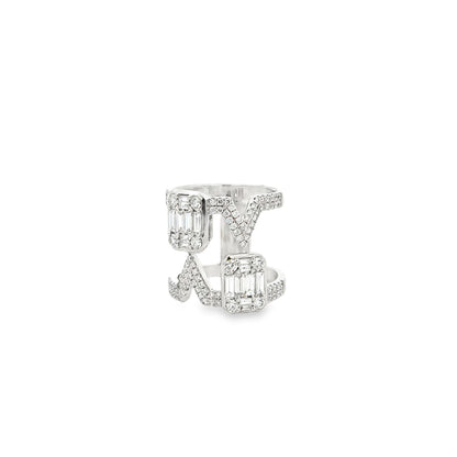 18k White Gold 1.72ctw Round Brilliant and Baguette Openwork Fashion Ring — left three-quarter angle