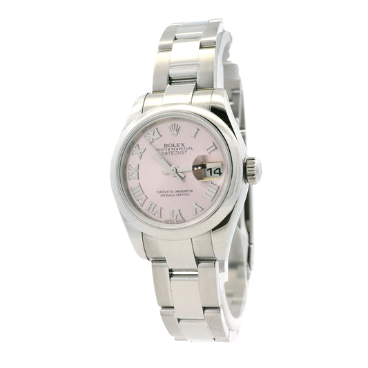 Rolex 179160 Lady-Datejust 26mm Pink Dial Stainless Steel Watch — left side three-quarter view