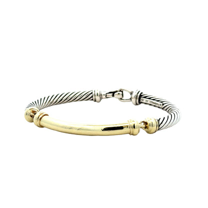 David Yurman 14k Yellow Gold and Sterling Silver Cable Bangle Bracelet — left three-quarter angle