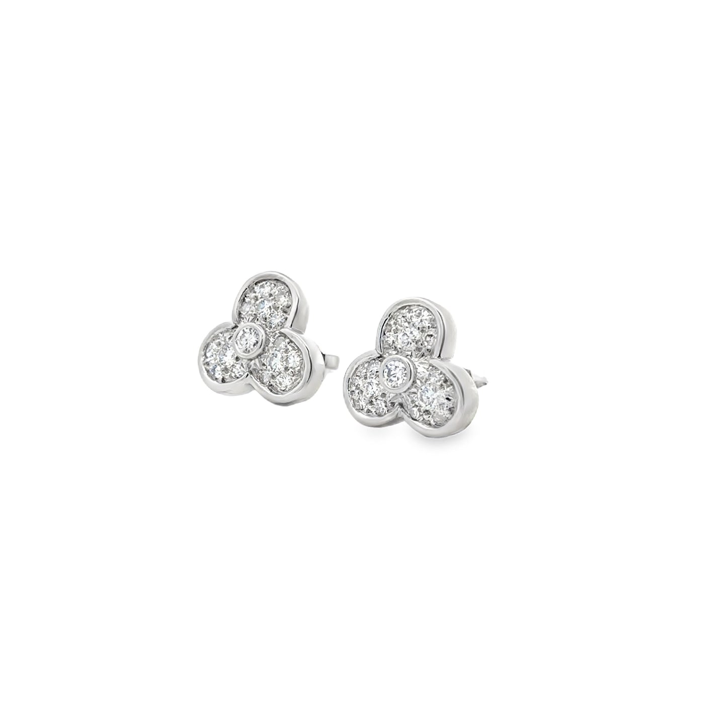14k White Gold 1.00ctw Round Diamond Floral Cluster Earrings — left three-quarter angle