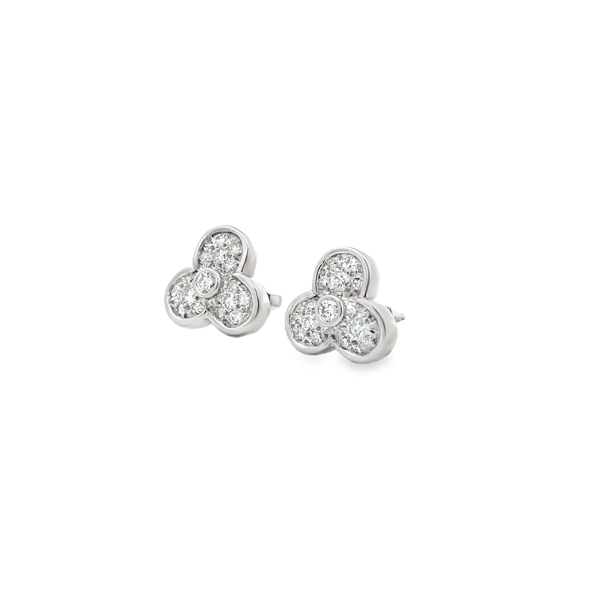 14k White Gold 1.00ctw Round Diamond Floral Cluster Earrings — left three-quarter angle