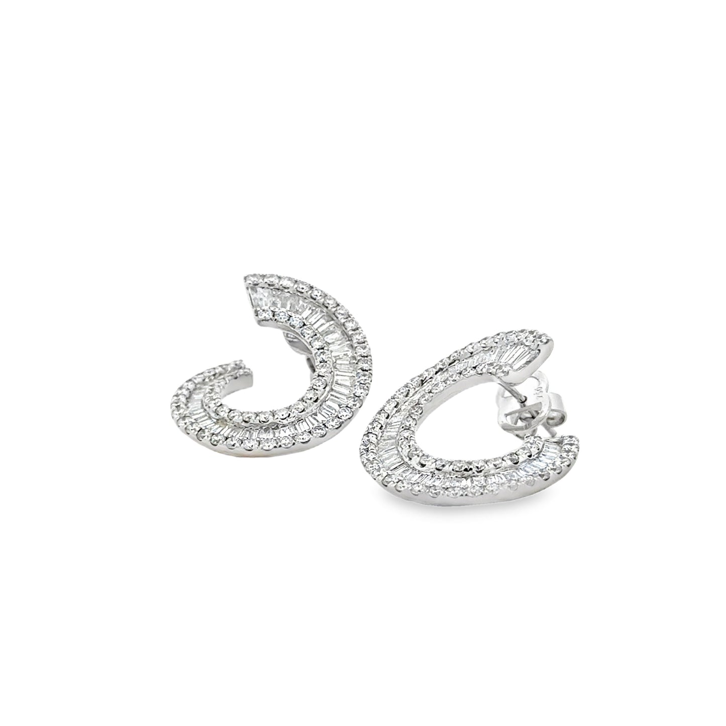 18k White Gold 3.97ctw Round Brilliant and Baguette Diamond Hoop Earrings — left three-quarter angle