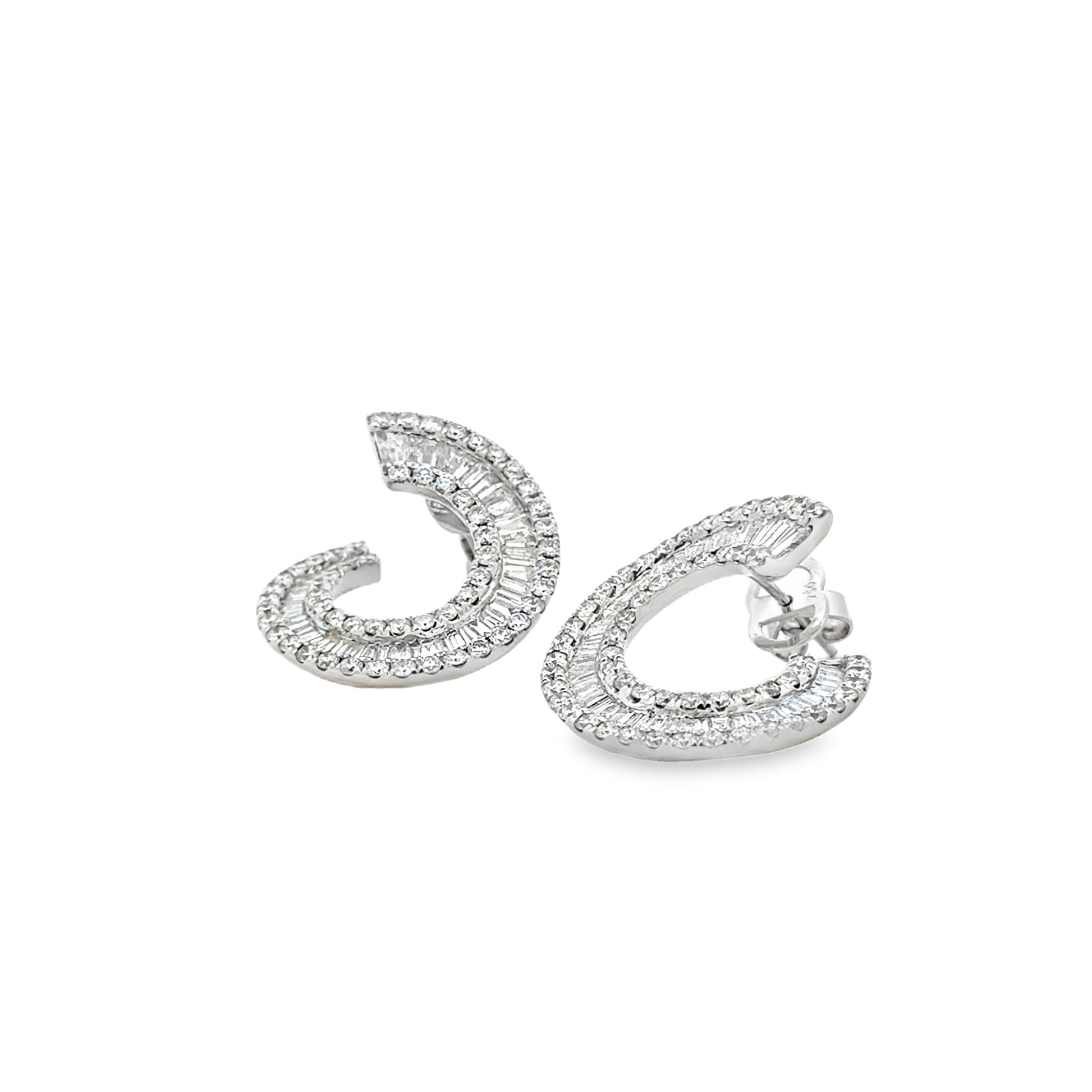18k White Gold 3.97ctw Round Brilliant and Baguette Diamond Hoop Earrings — left three-quarter angle