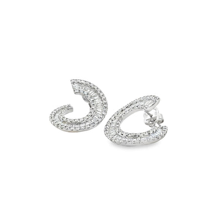 18k White Gold 3.97ctw Round Brilliant and Baguette Diamond Hoop Earrings — left three-quarter angle