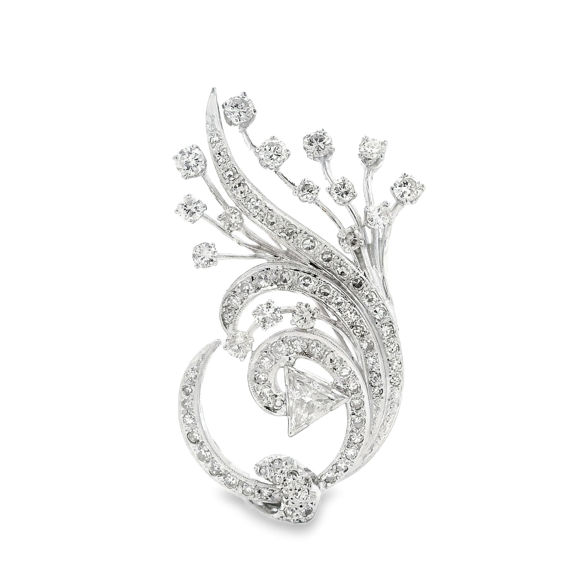 14k White Gold 4.5ctw Round Brilliant and Pear Diamond Pavé Brooch — left three-quarter angle