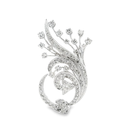 14k White Gold 4.5ctw Round Brilliant and Pear Diamond Pavé Brooch — left three-quarter angle