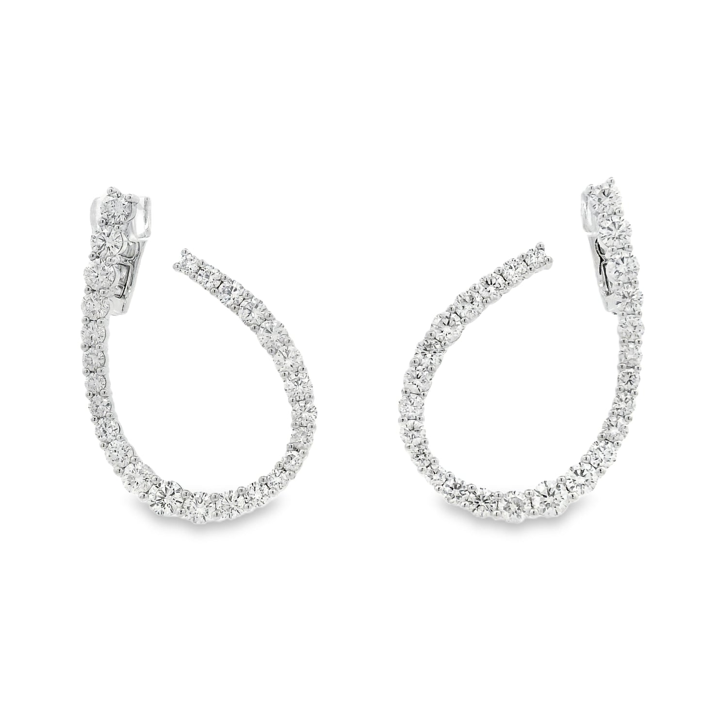 18k White Gold 6.14ctw Round Brilliant Diamond Hoop Earrings — left three-quarter angle