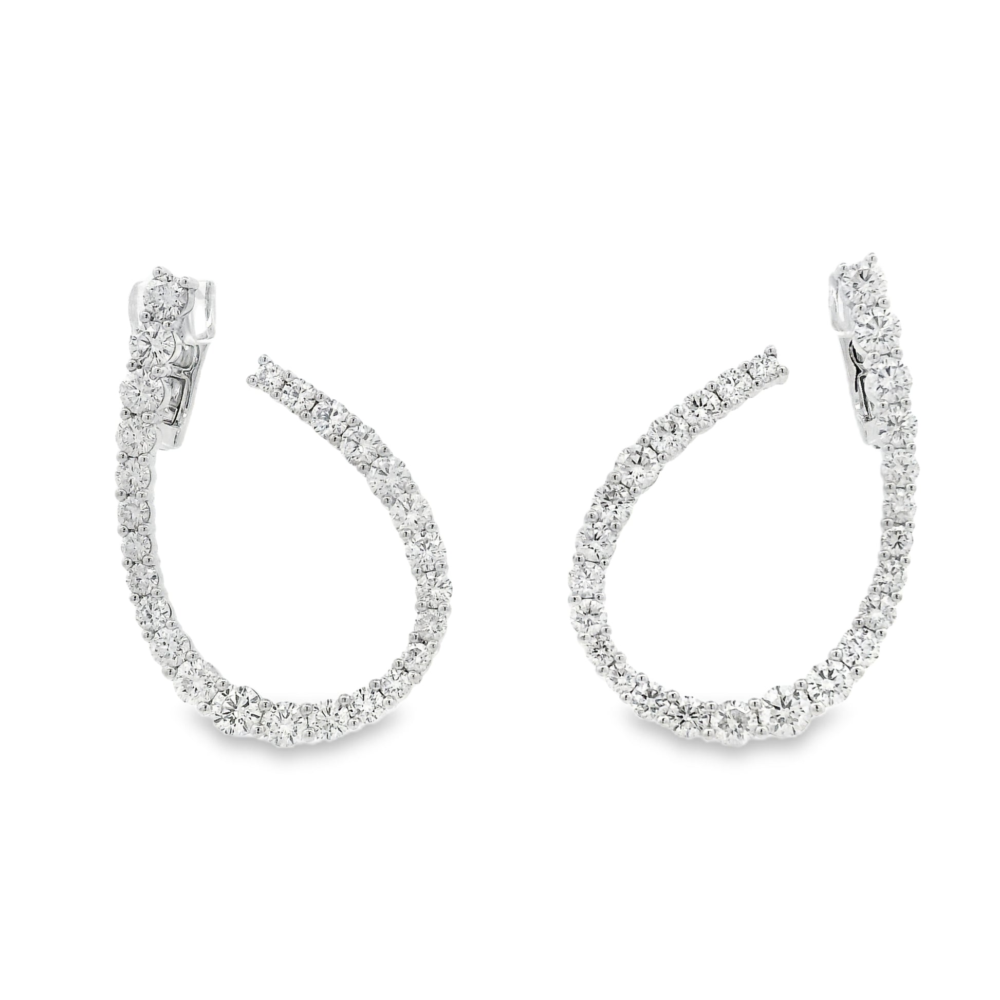 18k White Gold 6.14ctw Round Brilliant Diamond Hoop Earrings — left three-quarter angle