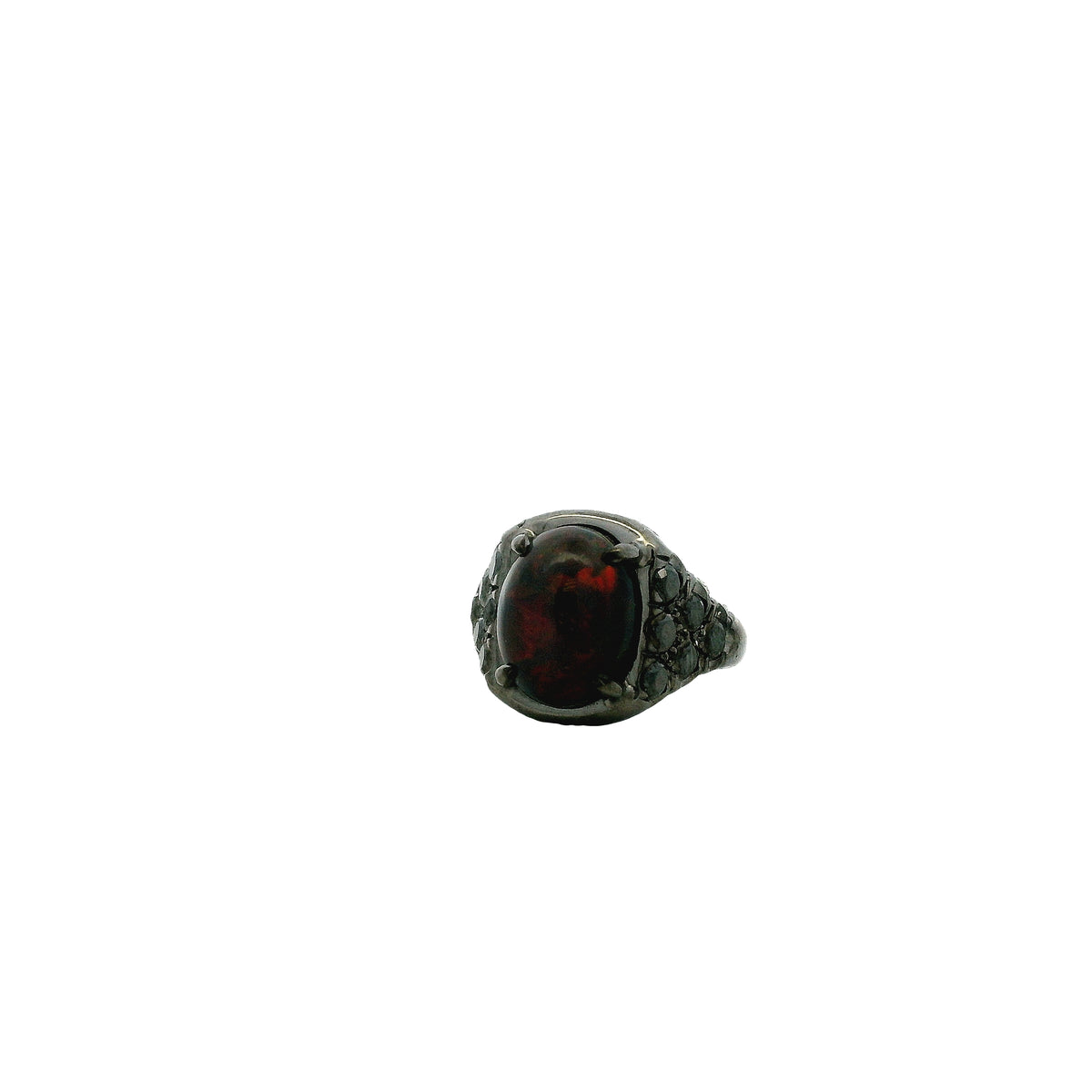18k White Gold 1.50ct Oval Black Opal and 0.50ctw Pavé Diamond Ring — left three-quarter angle