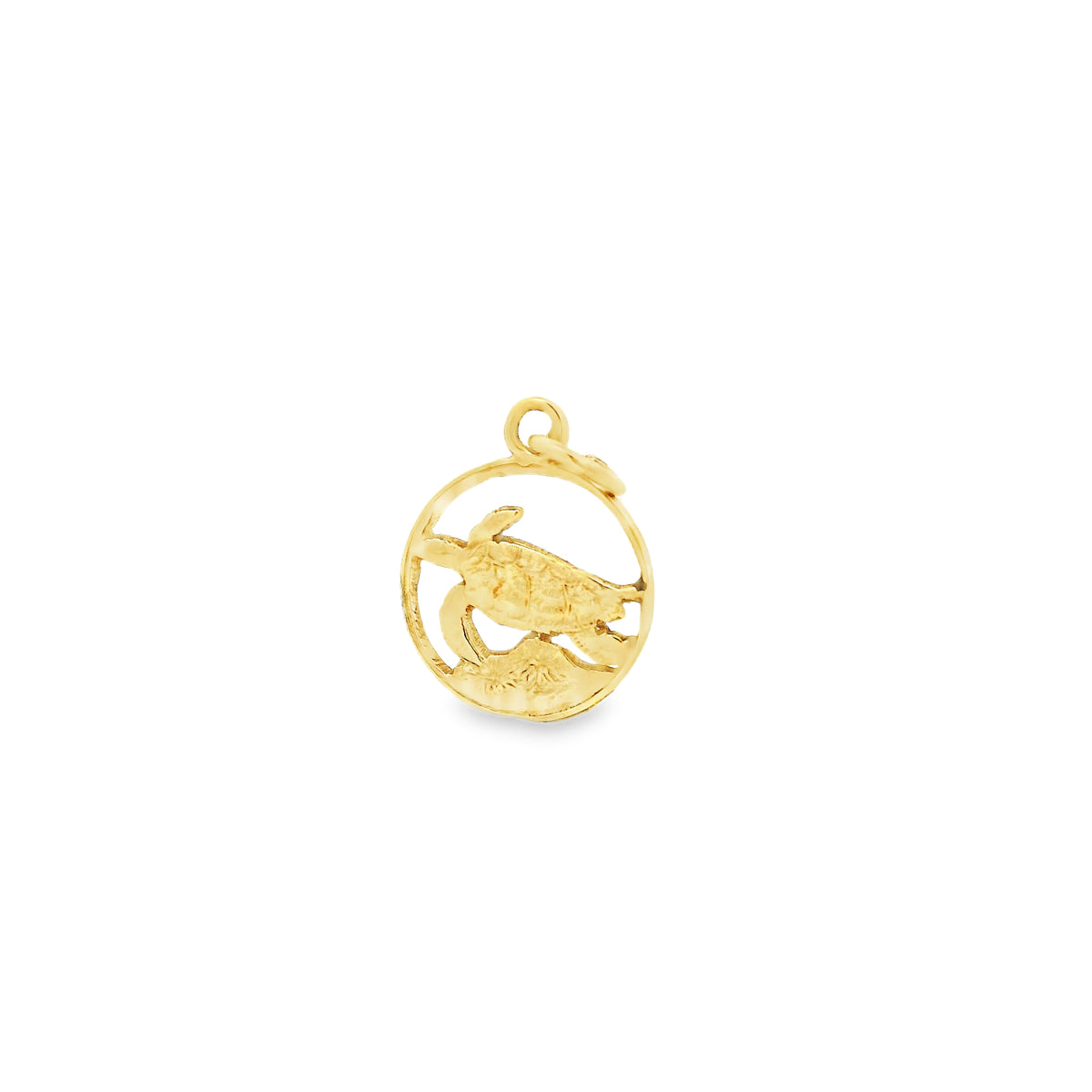 14k Yellow Gold Turtle Charm Pendant in Circular Frame — left three-quarter angle