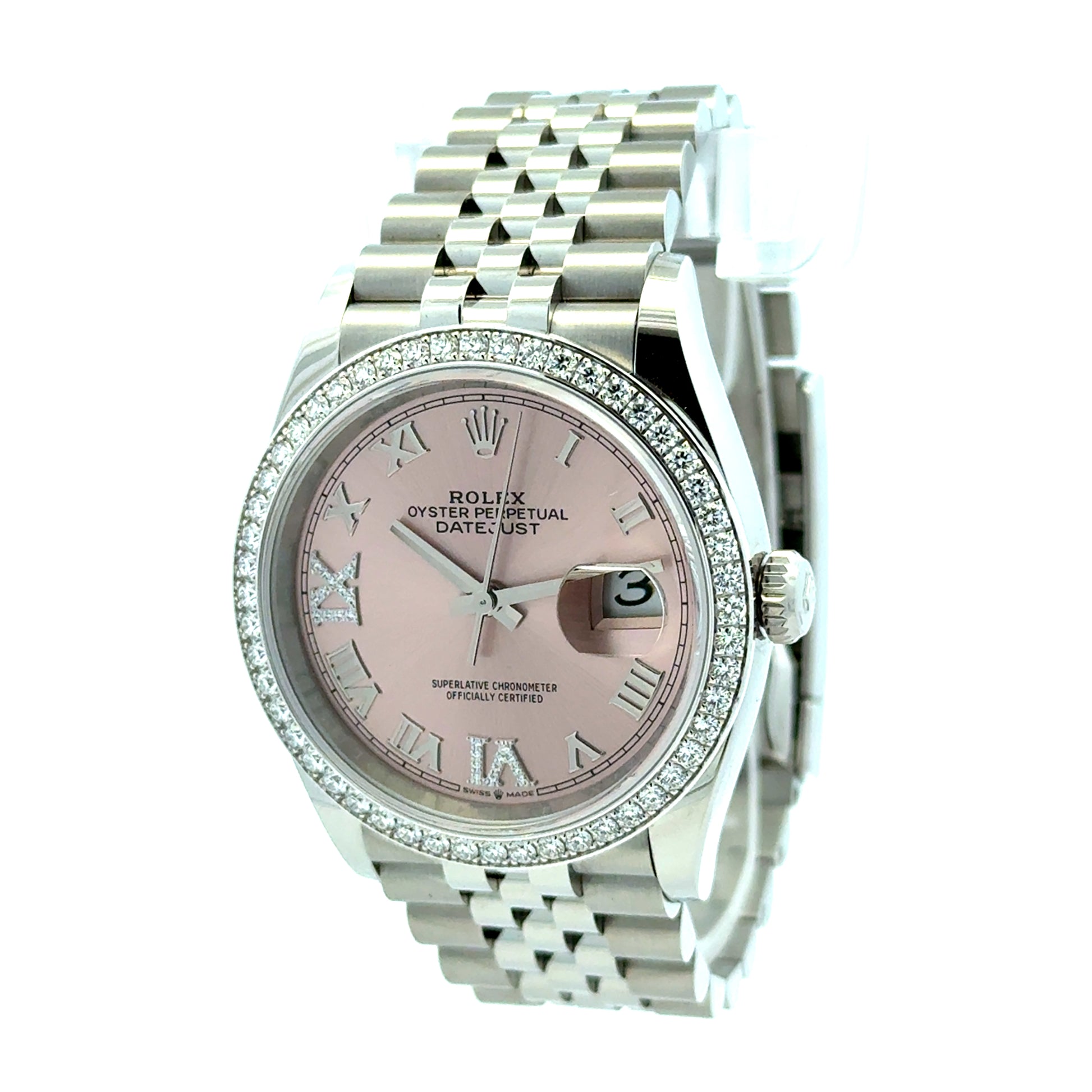 Rolex 126284RBR Datejust 36mm Pink Diamond Dial Diamond Bezel Jubilee Watch — left side three-quarter view