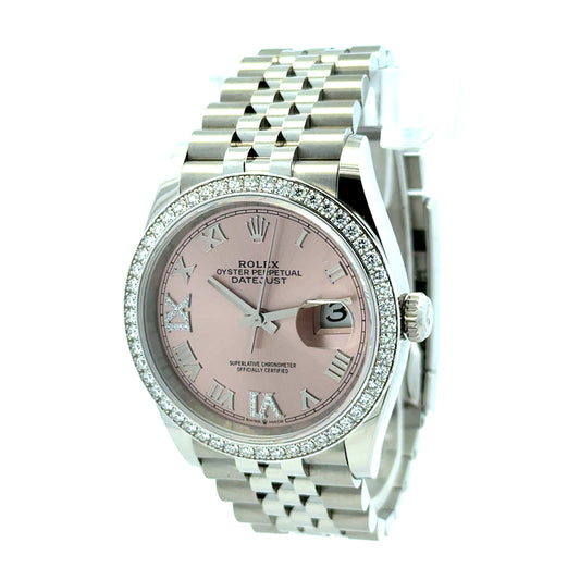 Rolex 126284RBR Datejust 36mm Pink Diamond Dial Diamond Bezel Jubilee Watch — left side three-quarter view