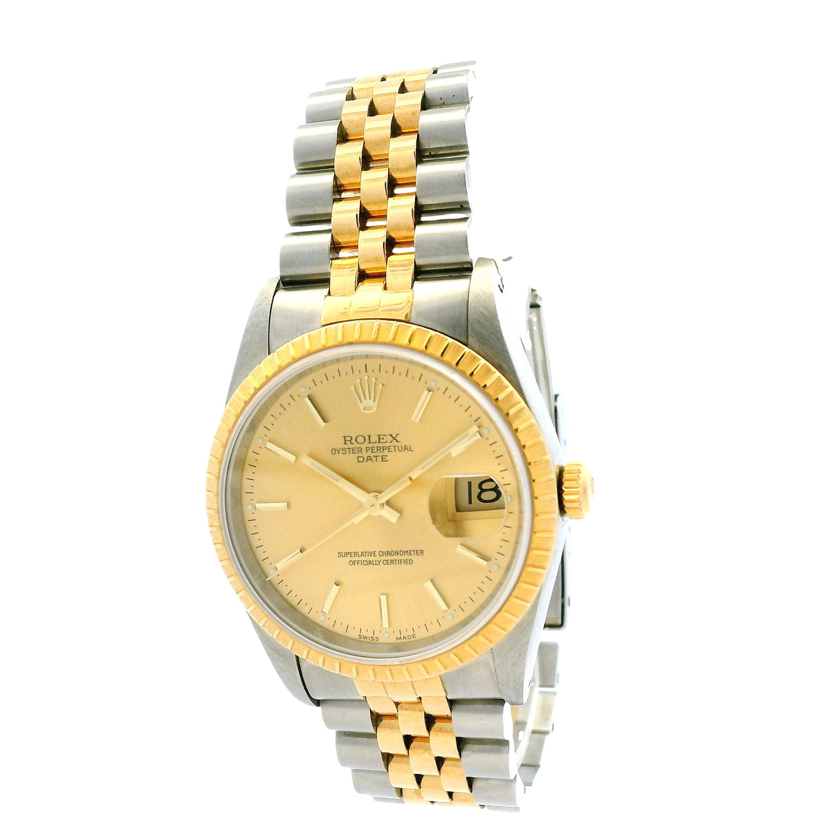 Rolex 15223 Datejust 34mm Champagne Dial Two Tone Jubilee Watch — left side three-quarter view
