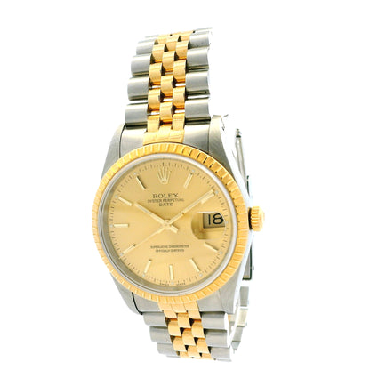 Rolex 15223 Datejust 34mm Champagne Dial Two Tone Jubilee Watch — left side three-quarter view