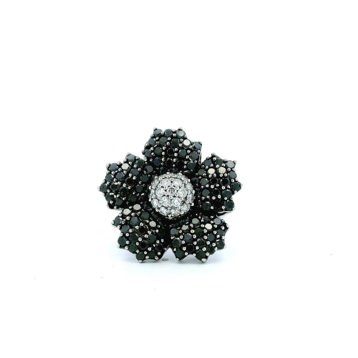 14k White Gold 1.75ctw Round Brilliant White and Black Diamond Floral Cluster Ring — left three-quarter angle