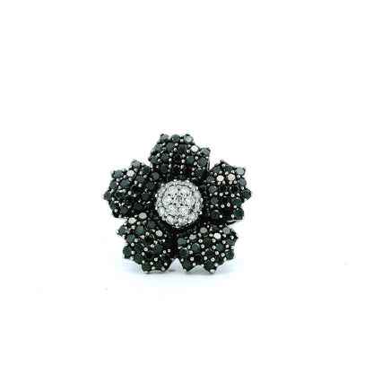 14k White Gold 1.75ctw Round Brilliant White and Black Diamond Floral Cluster Ring — left three-quarter angle