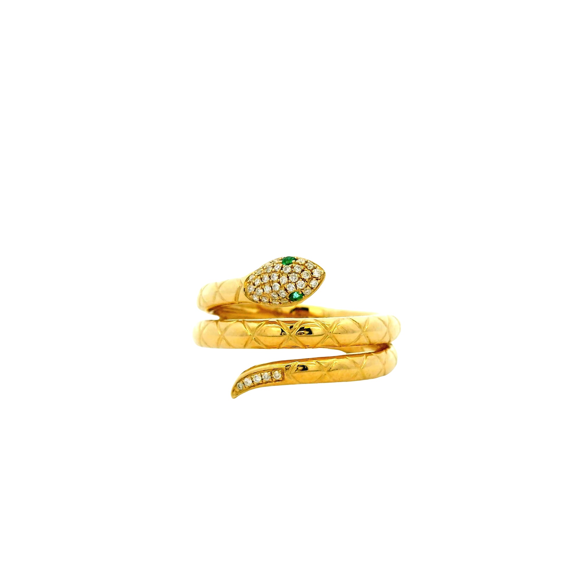 14k Yellow Gold 0.10ctw Diamond and Emerald Snake Wrap Ring — left three-quarter angle
