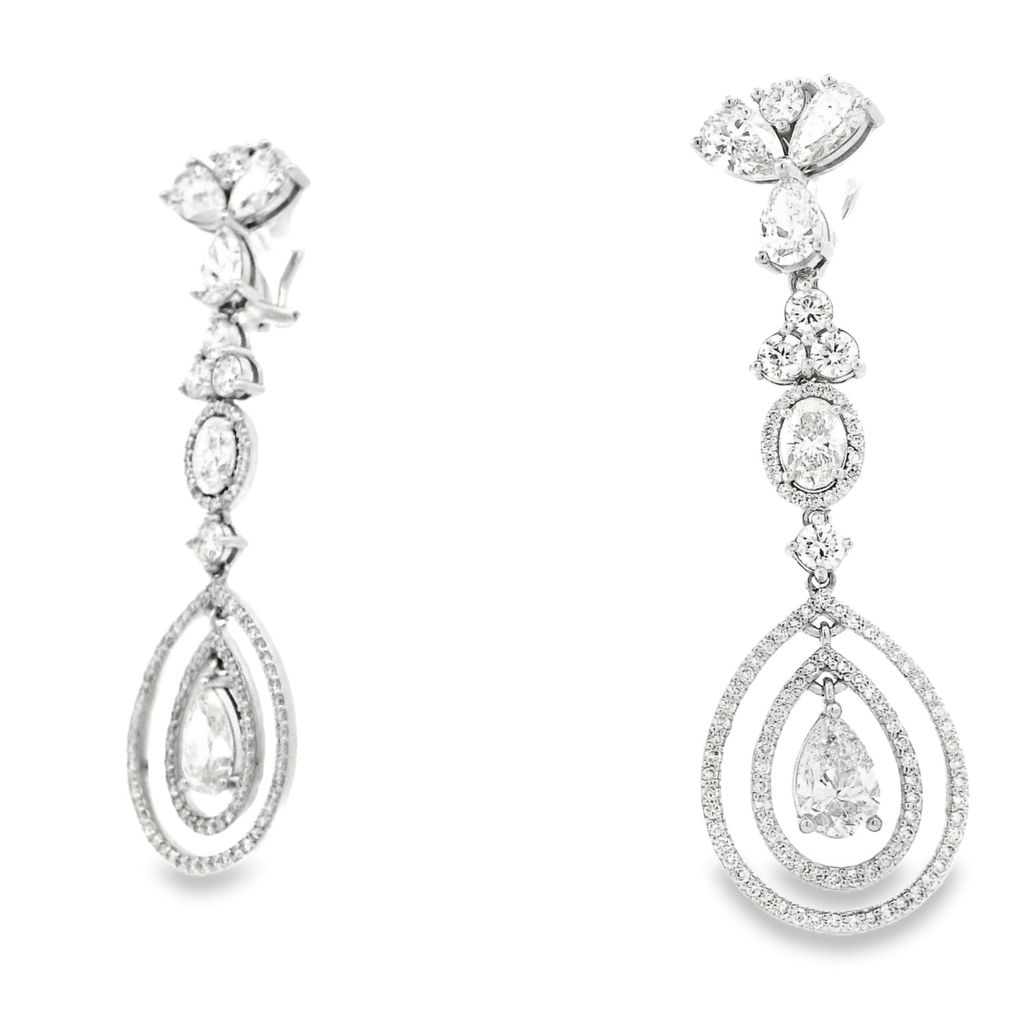 18k White Gold 12.68ctw Pear Oval and Round Brilliant Diamond Drop Earrings — left three-quarter angle