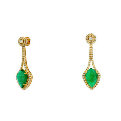 18k Yellow Gold 10.82ct Emerald and 1.50ctw Round Brilliant Diamond Dangle Earrings — left three-quarter angle