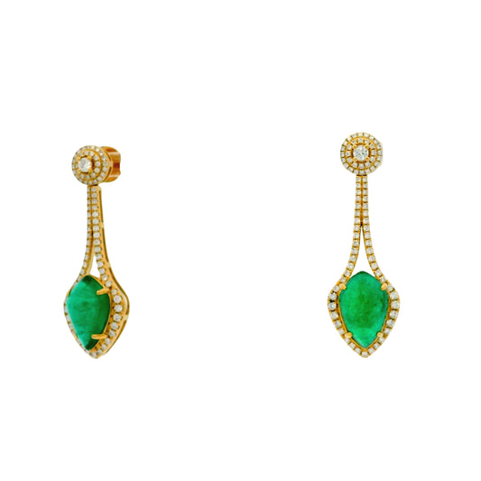 18k Yellow Gold 10.82ct Emerald and 1.50ctw Round Brilliant Diamond Dangle Earrings — left three-quarter angle