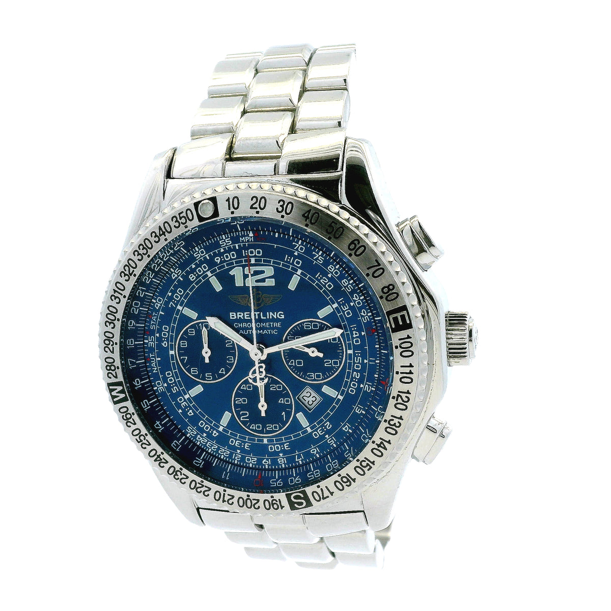 Breitling A42362 Stainless Steel Blue Chronograph Dial Watch — left side three-quarter view