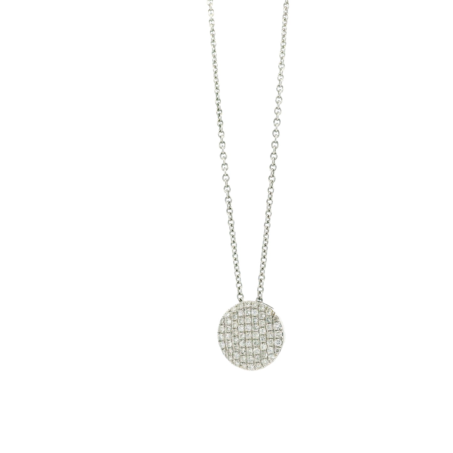 18k White Gold 0.55ctw Round Brilliant Diamond Pavé Button Pendant Necklace — left three-quarter angle