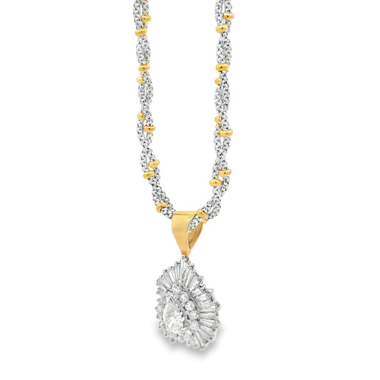 14k Two-Tone Gold 3.00ctw Pear, Round & Baguette Diamond Pendant Necklace — left three-quarter angle
